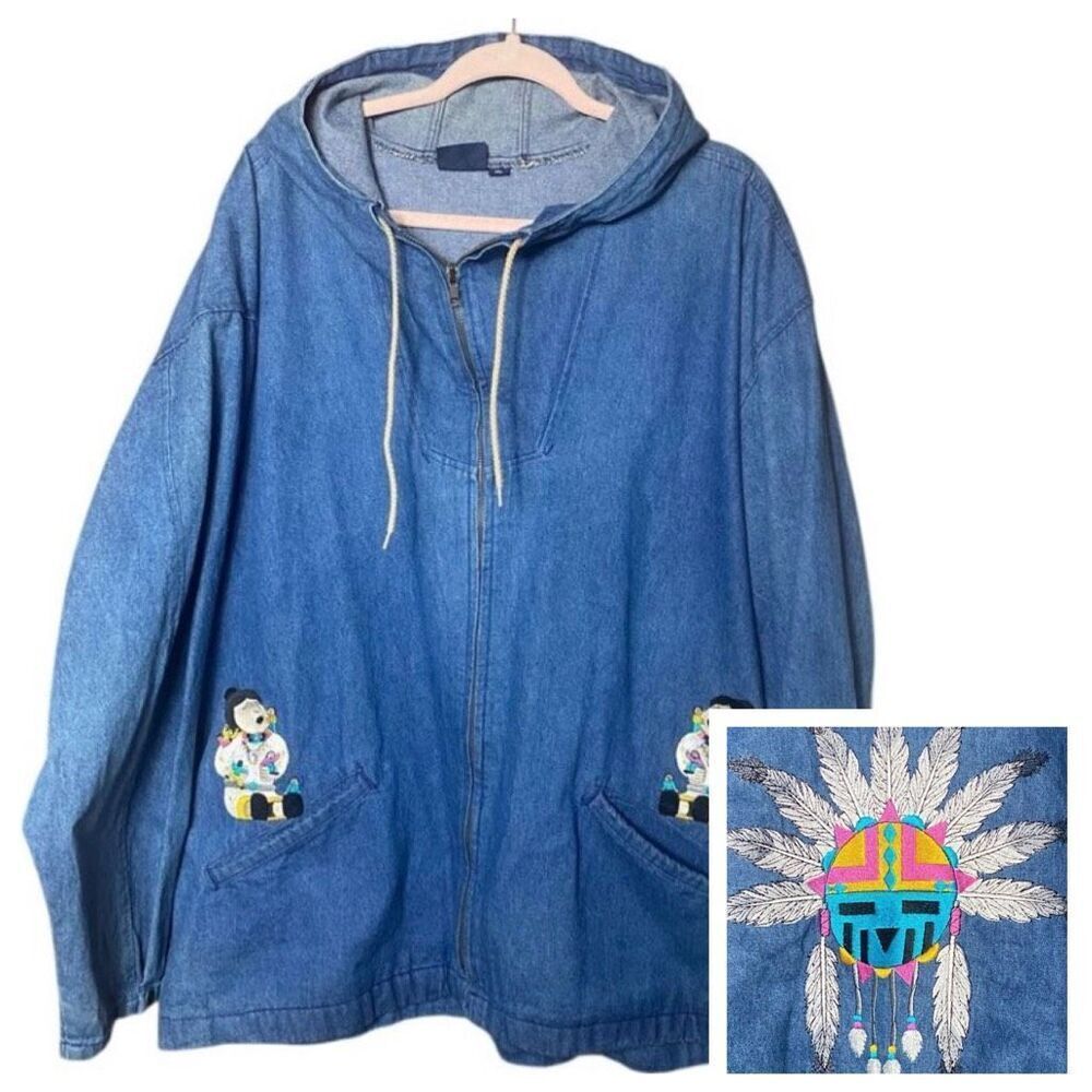 King Louie Denim Zip Hoodie XL Native Indian Motif Embroidered USA Vintage